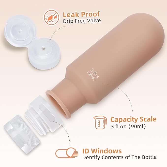 3oz Travel Bottles for Toiletries,Silicone Leak Proof Squeezable Travel Containers,TSA Approved Travel Essentials Bag for Shampoo Conditioner,5 Pack,Brown Pack