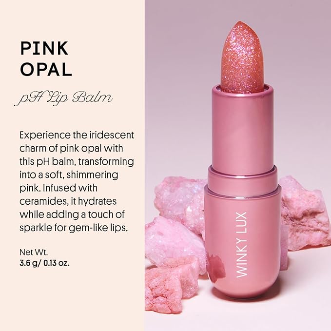 Winky Lux Pink Opal Glimmer Balm – Nourishing pH Lip Balm with Color Changing Pink Tint with Shimmer, Hydrating Ceramides Soften Lips, Raspberry Vanilla Scent