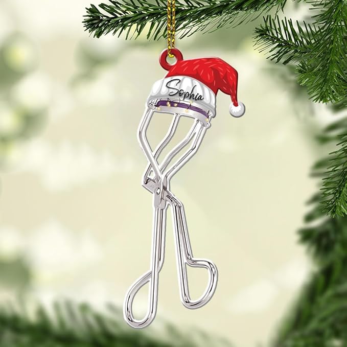 Personalized Name Eyelash Curler Shape Acrylic Flat Ornament, Makeup Ornament, Girl Makeup Artist Christmas Ornament, Makeup Stylist Ornament 102