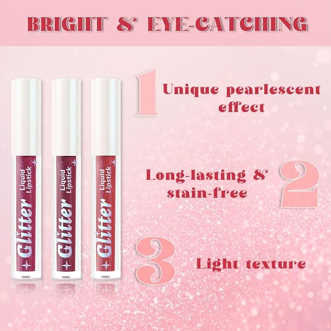 3Pcs Metallic Lipstick for Women,Lightweight Glitter Sparkling Liquid Lipsticks,Shimmer Lip Gloss Stain Long Lasting Waterproof Smudge Proof Non-Drying 24 Hour Full Coverage Lip Makeup,Vegan