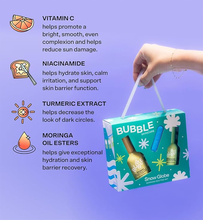 Bubble Skincare Snow Globe Morning Routine Travel Skincare Set - Gift Set Includes Day Dream Vitamin C Serum, Morning Rays Under Eye Serum & Tell All Minty Lip Balm (3 Count)