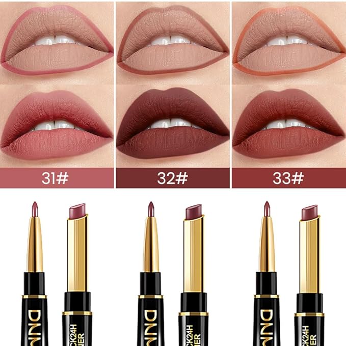 BINGBRUSH 3Pcs Double Ended More Buff Truffle Taupe Matte Lip Liner and Lipstick Makeup Combo Set for Women,Lipliner 24 Hours Original Waterproof Long Lasting Lip Stains Pencil Kit Set