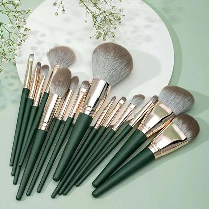 Professional Makeup Brush Set, 13 Pieces, Green Handle with Silver Ferrule, Travel Case Included