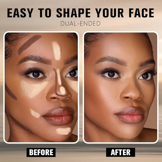Nude Brown + Nude Contour Stick Dual Ended Face Body Makeup Waterproof no Transfer, 2 in 1 Cream Concealer Stick Contouring Makeup Kit, Nose Contour Bronzer Sticks Face Highlighter Make up