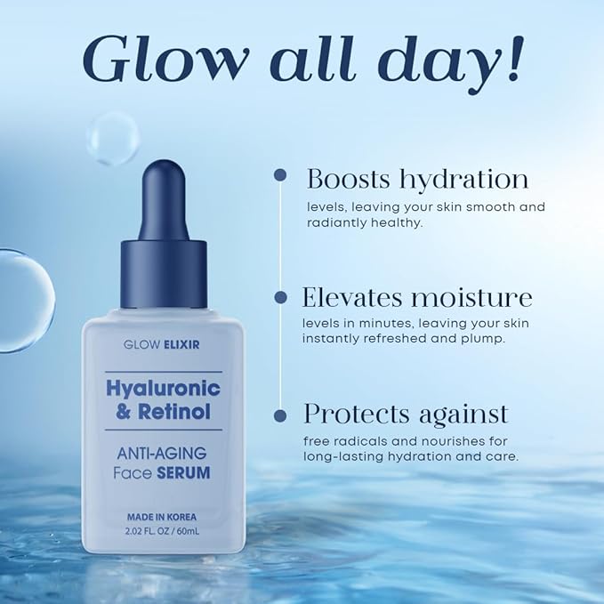 Glow Elixir Hyaluronic & Retinol Face Serum - Dermatologist Tested Anti-Aging Korean Skin Care Hydrates Firms Smooths Improves Texture Evens Skin Tone - Clean Beauty Vegan Cruelty-Free - 1.69 Fl Oz