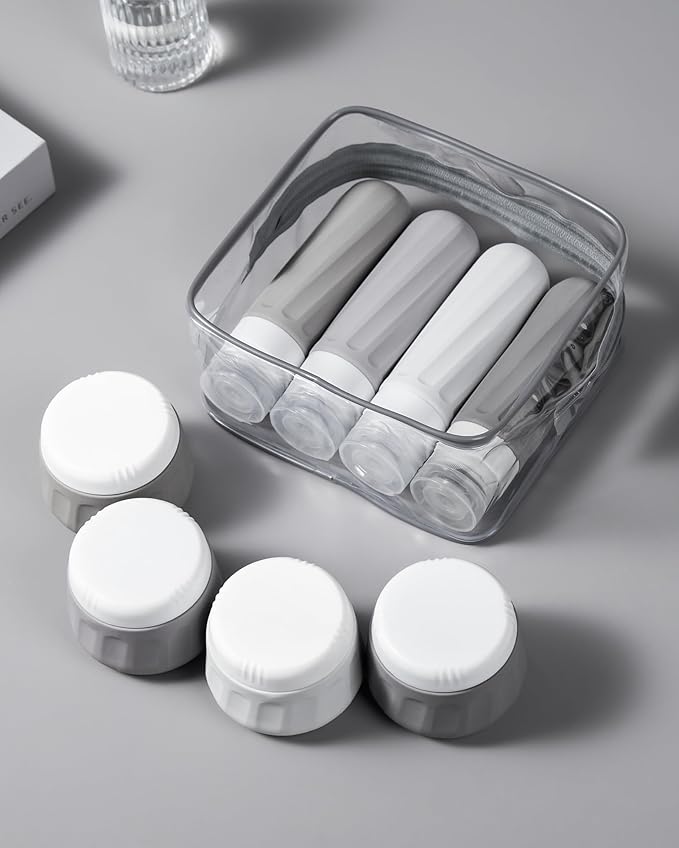 Travel Bottles for Toiletries 8 Pack, Travel Size Toiletries, Tsa Approved Travel Size Containers 3oz, with Travel Essentials Clear Bag, Leak Proof Silicone Squeezable Creams Jars