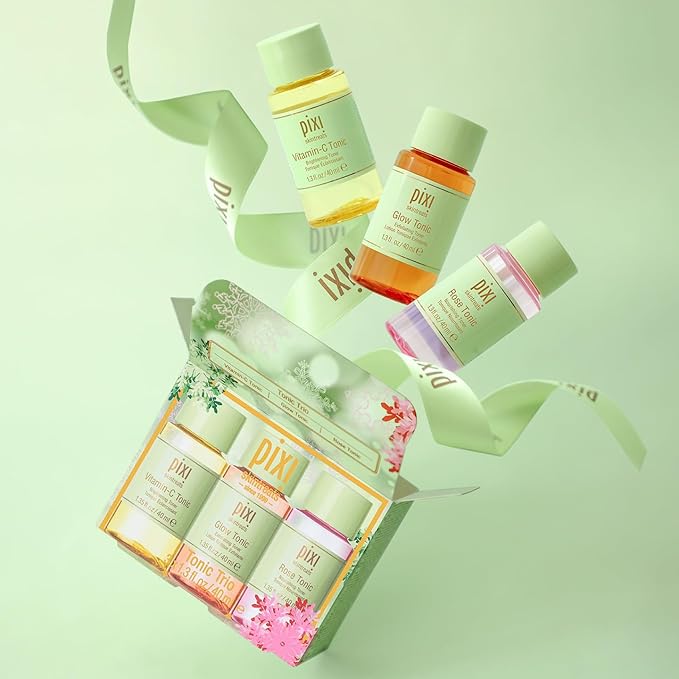 Pixi Beauty Tonic Trio | Holiday Edition Gift Set with 3 Pixi Favorite Tonics | Glow Tonic, Vitamin- C Tonic, Rose Tonic | Calming, Hydrating, Gentle Exfoliating and Smoothing
