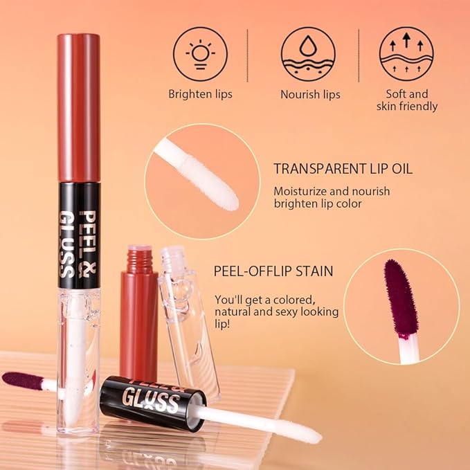 Baby Pink Peel off Lip Stain Lip Oil Dual Ended Combo Set with Tweezer, 2 in 1 Lips Liner Stain Oil Long Lasting Waterproof, High Pigmented Flawless Lips Tint Stick Not Faded Vegan & Cruelty-free