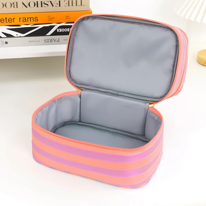 Three Layer Makeup Bag for Women Fashion Stripes Cosmetic Bag Preppy Style Travel Water-Resistant Toiletry Bag for Storage Toiletries Cosmetics Sets for Women Teen Girls Purple