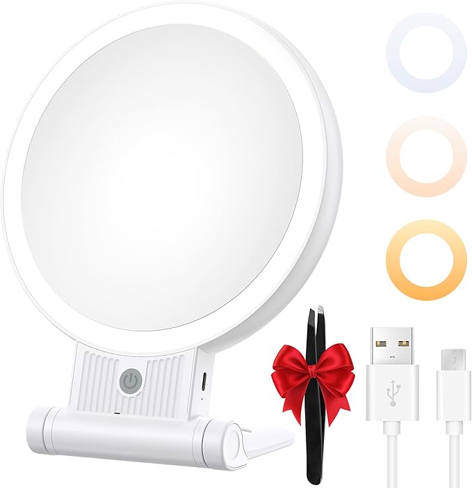 Lighted Makeup Mirror with 1X/30X Magnification, 3 Color Dimmable Lights, 2000mAh Rechargeable Double-Sided/Switch Vanity Mirror, 360° Swivel Tabletop & Hanging Design, Adjustable Brightness