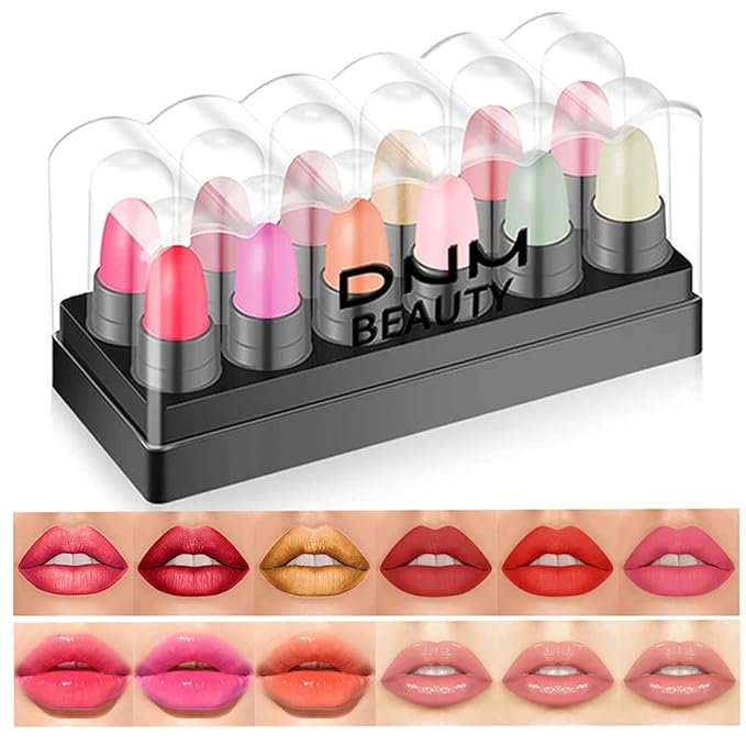 12 Pcs Capsule Lipstick Packs: 3 Strawberry Mint Apple Flavor Lip Balm, 3 Color Changer Jelly Lipstick, 3 Matte, 3 Metallic, Long Lasting Waterproof