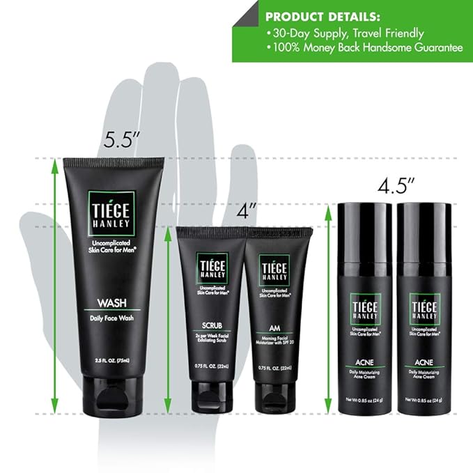 Tiege Hanley | Acne System Level 2 | Dermatologist Recommended Formula: Face Wash, AM Moisturizer with SPF20, Exfoliating Scrub and 1.6% Salicylic Acid Cream 2X | Uncomplicated Skin Care for Men