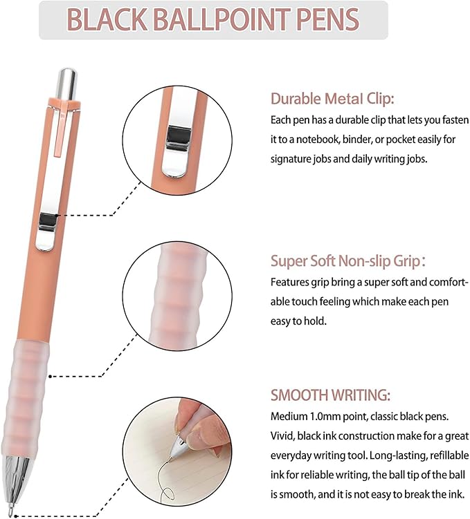 Linbsunne Ballpoint Pens Black Medium Point 1mm Pen with Super Soft Grip Ball Point Pen for Men Women Retractable Pens (silver-12 pcs)