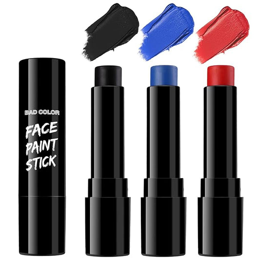 BADCOLOR 3PCS Red Black Royal Blue Face Body Paint Stick Makeup for Skull Vampire Clown Joker SFX Cosplay & Dress Up, Full-Coverage Halloween Facepaint Makeup Kit