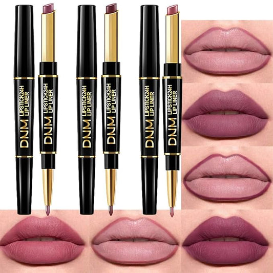 BINGBRUSH 3Pcs Double Ended More Mauve Berry Blush Matte Lip Liner and Lipstick Makeup Combo Set for Women,Lipliner 24 Hours Original Waterproof Long Lasting Lip Stains Pencil Kit Set