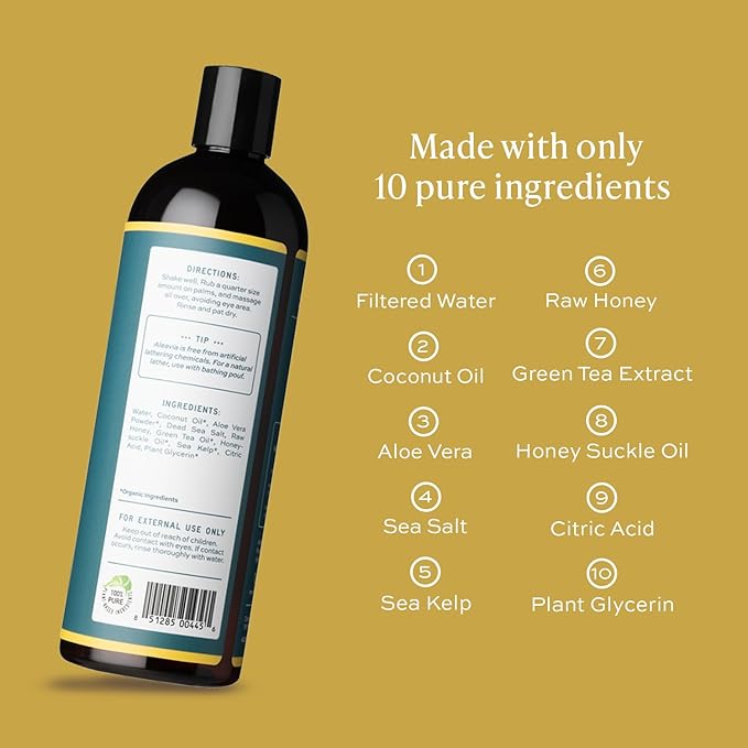 Aleavia Body Cleanse – Organic & All-Natural Prebiotic Body Wash with Raw Honey – Green Tea Honeysuckle Scent – 16 Oz.