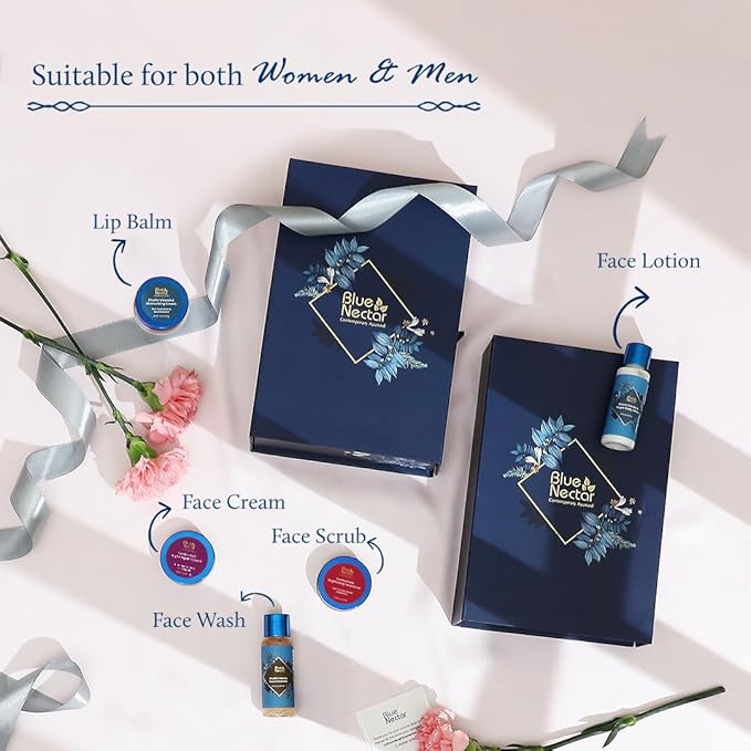 Premium Beauty Gift Set for Women & Men | Blue Nectar Face Wash, Cream, Scrub, Lip Balm & Moisturizing Face Lotion with Herbal Ingredients | Ideal Christmas Holidays Gift for Mom, Dad & Girlfriend