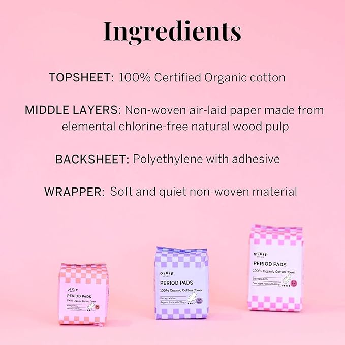 Pixie Organic Cotton Overnight Pads for Women - Extra Heavy Absorbency with Wings - Leak-Proof, Hypoallergenic & Unscented - Compostable, Biodegradable - 12 Count