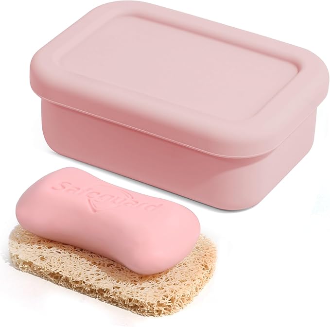 Leak Proof Silicone Travel Soap Case with Draining Layer, Travel Size Toiletry, Portable Soap Container for One Regular Bar Soap Perfectly, Shatter-Proof Soap Holder for Bathroom, Gym (Light Pink)