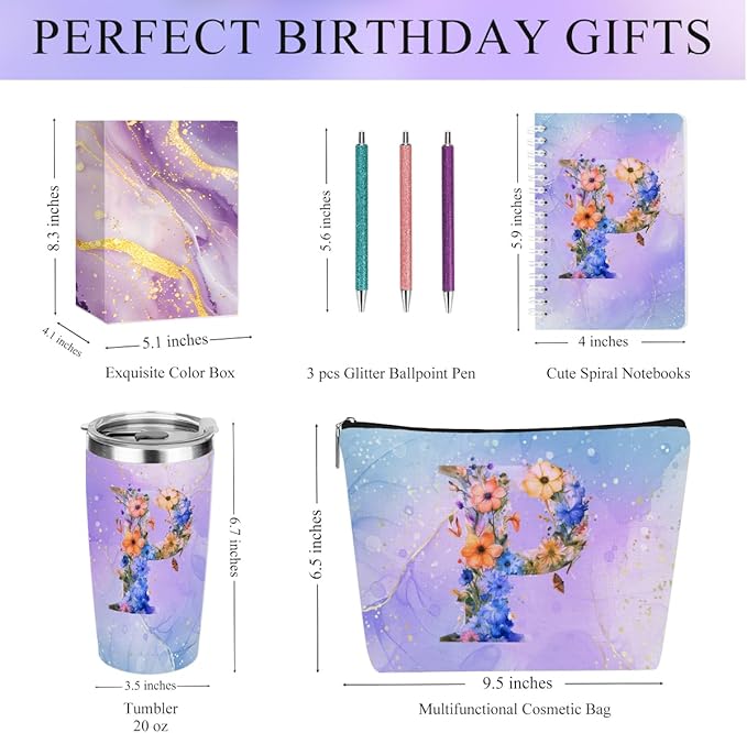 Personalized Gifts Monogrammed Birthday Gifts for Women, Mommy, Female Going Away Christmas, Initial 20 oz Tumbler, Makeup Cosmetic Bag Cup Pens Journal Notebook 6 Set, (Aesthetic Purple Flower P)
