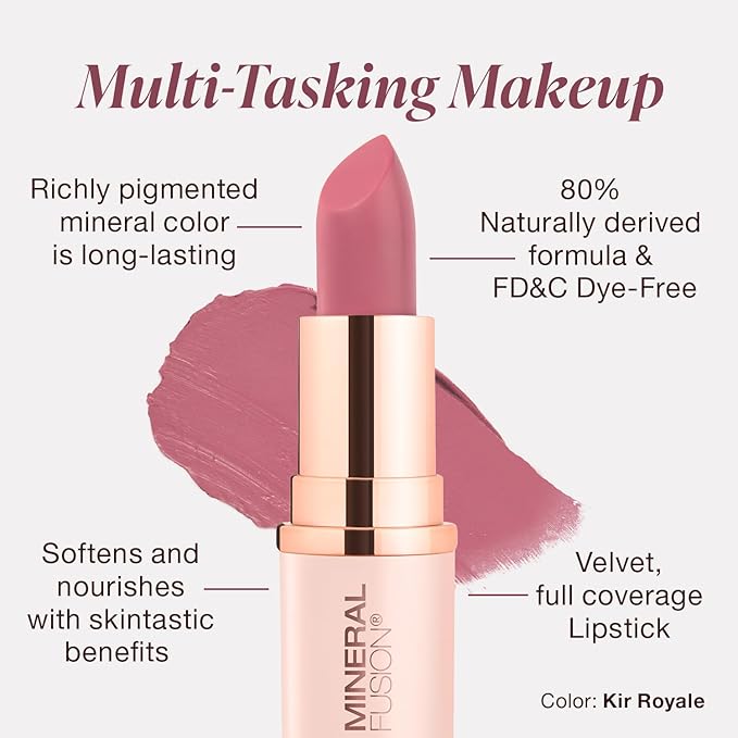 Mineral Fusion Long-Lasting Lipstick, Vivid & Smudge-Free Lip Color with Avocado Oil, Cocoa Seed Butter, Free of FD&C Dyes, Paraben and Gluten, Kir Royale