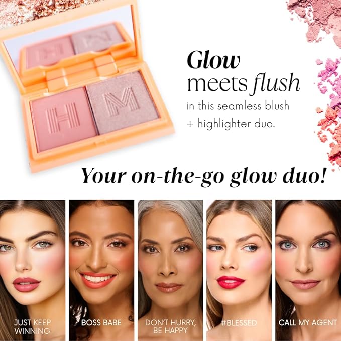 Mini Blush + Brighten Highlighter Duo, Lightweight Blendable Shimmer Blush, High Pigmented Makeup Powder Palettes, Cruelty Free - Call My Agent!