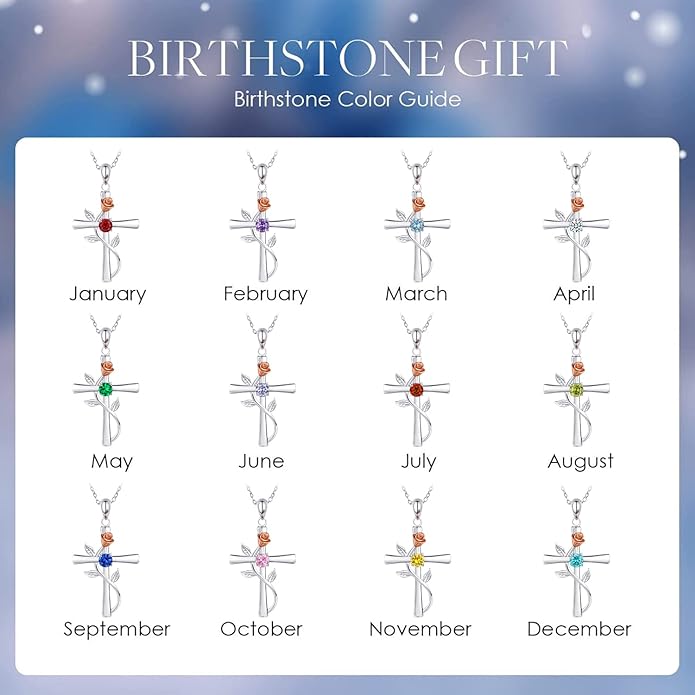 Cross Necklace for Women, 925 Sterling Silver Birthstone Necklace for Women with Rose Flower Birthstone Womens Jewelry Birthday Gifts for Wife Women