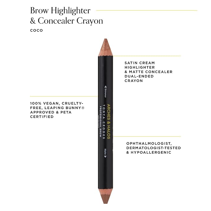 Arches & Halos Brow Highlighting and Concealer Crayon - Coco - Shaping and Shimmer Eyebrow Stick and Highlighter Duo - Soft, Ultra Creamy Formula - Define, and Sculpt for Sharp Brows - 0.176 oz