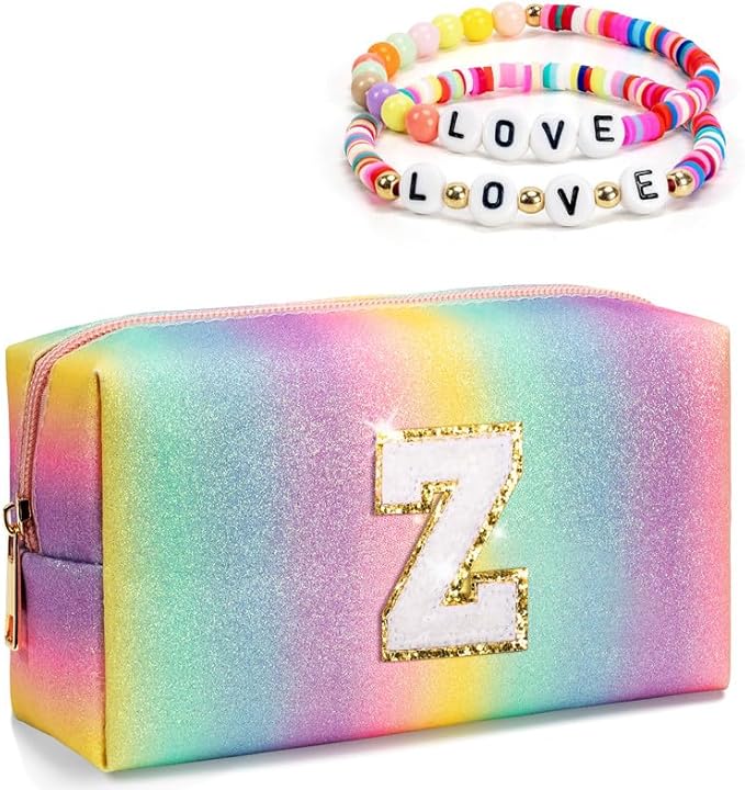 Birthday Gifts for Girls Teen Girls, Travel Makeup Bag with Zipper, Chenille Letter Pouch Cosmetic Bag, Makeup Travel Organizer, Monogrammed Flower Girl Gifts, Cute Stuff for Kid (Large)