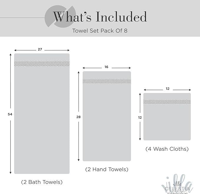100% Combed Cotton Bathroom Towel Set of 8- 2 Bath Towels, 2 Hand Towels, 4 Wash Cloths, Sustainable, Soft, Highly Absorbent 8 Piece Cotton Bath Towel Set Ideal for Hotels, Spa, Bathroom, Dorm, Grey