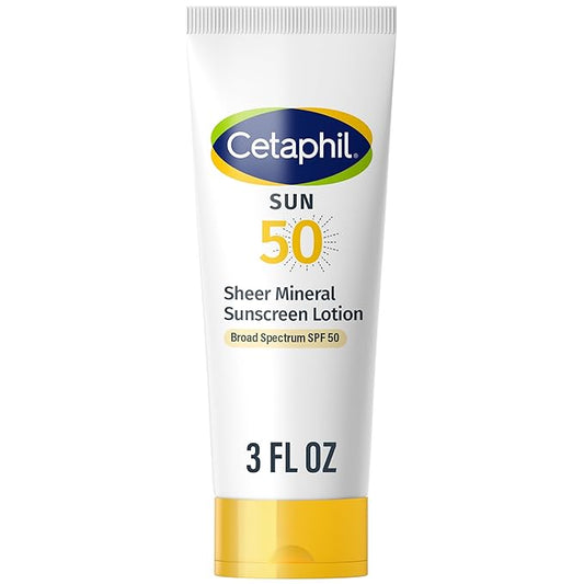 CETAPHIL Sheer Mineral Sunscreen Lotion for Face & Body 3 fl oz 100% Mineral UVA/UVB Filters: Zinc Oxide & Titanium Dioxide Broad Spectrum SPF 50 For Sensitive Skin Dermatologist Recommended Brand