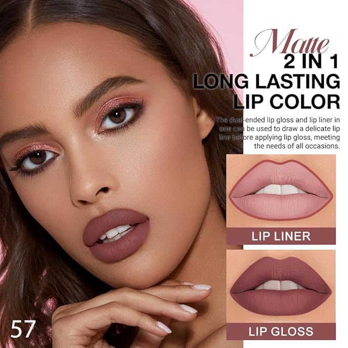 evpct 1Pcs Red Brown Matte Lip Liner & Liquid Lipstick Stain Makeup Set for Women, Red Brown Lip Liner Stain Long Lasting Waterproof Smudge Proof, Cruelty Free Lip Stick Makeup 24 hours originales, 57
