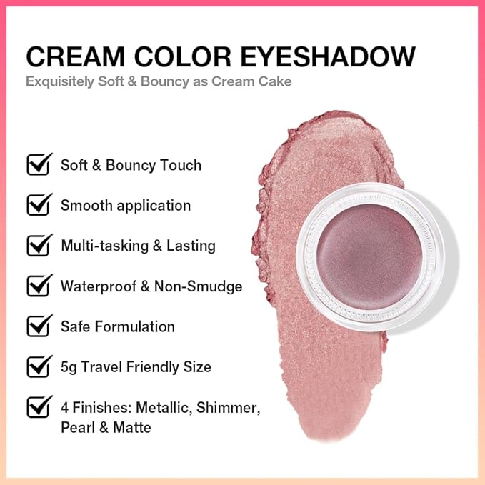 evpct Single Cream Eye Shadow Palette Pot Makeup for Older Women, Rose Shimmer Glitter Metallic Monochrome Cream to Powder Eyeshadow Palette Eye Brightener, Highly Pigmented Waterproof Blendable