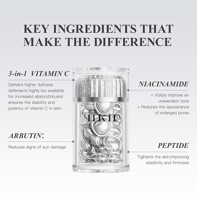 HKH Triple Vitamin C Dark Spots Correction Capsules Serum For Face,Camellia VE Anti-Aging Essence For Women Camellia Niacinamide serum For Women To Tighten Sagging Skin And Reduce Fine Lines