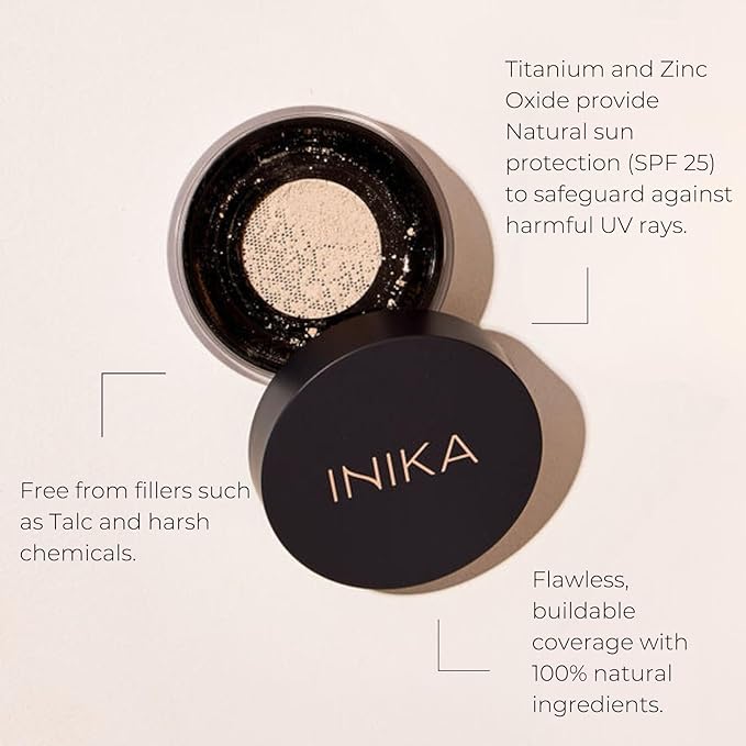 INIKA Organic Mineral Powder Foundation with SPF 25 - Vegan Makeup, Natural Looking, Buildable Coverage, Flawless Radiance & Glow, Blemish Coverage, Cruelty Free, Sustainable Packaging, Freedom, 8g