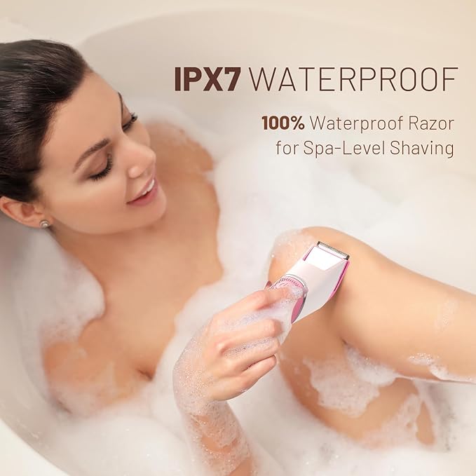 Bikini Trimmer for Women: Pubic Hair Razor with Mirror & LED Light, Electric Shaver with Ceramic Blades & Travel Lock - Body Groomer IPX7 Waterproof Use for Legs/Arm/Underarm - Rose Red