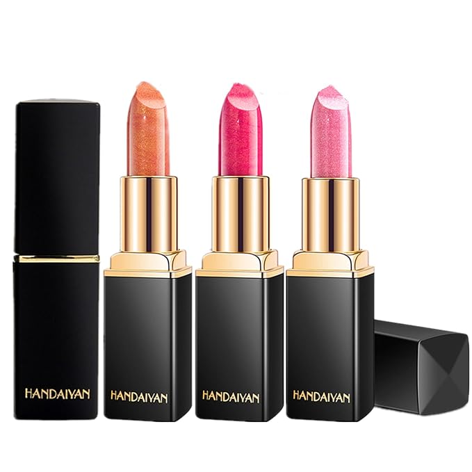 3Pcs Metallic Glitter Lipstick Set, Orange Rose Purple Pink Glitter Pearl Mermaid Shimmer Lipstick Sets for Women Waterproof Long Lasting 24 Hours Lip Stick Makeup Christmas Gift Sets-07#08#09#