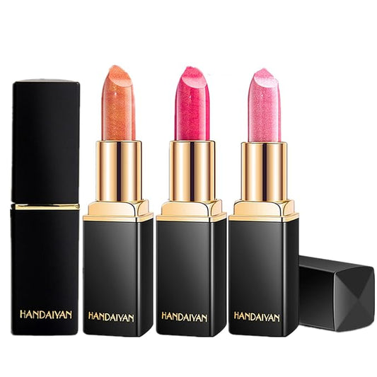 3Pcs Metallic Glitter Lipstick Set, Orange Rose Purple Pink Glitter Pearl Mermaid Shimmer Lipstick Sets for Women Waterproof Long Lasting 24 Hours Lip Stick Makeup Christmas Gift Sets-07#08#09#