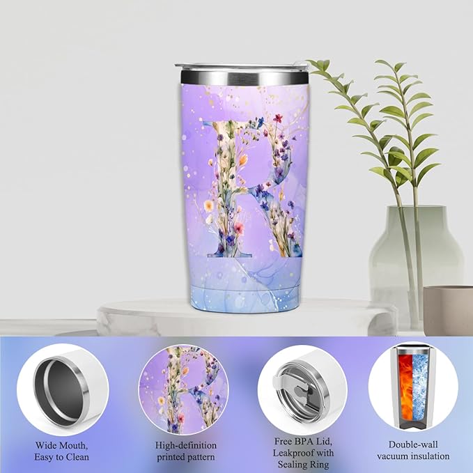 Personalized Gifts Monogrammed Birthday Gifts for Women, New Mom, Grandma Thank You Christmas, Initial 20 oz Tumbler, Makeup Cosmetic Bag Cup Pens Journal Notebook 6 Set, (Aesthetic Purple Flower R)