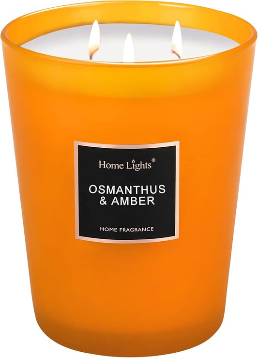 HomeLights Large Jar Candle-33.3 Oz. Natural Soy Aromatherapy Candle | Osmanthus Amber Scent | Up to 130 Hours Burn Time with 3 Cotton Wicks | Home Decorative Fragrance Candle Gift