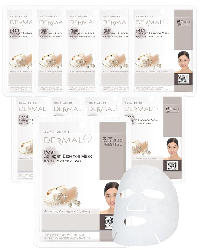 DERMAL Pearl Collagen Essence Facial Mask Sheet 23g Pack of 10 - Clarify Skin, Skin Smooth, Daily Skin Treatment Solution Sheet Mask