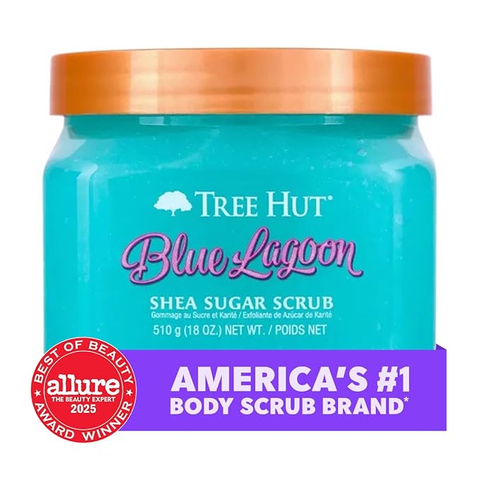 Tree Hut Blue Lagoon Shea Sugar Scrub, Exfoliating, Hydrating & Moisturizing Body Scrub with Shea Butter & Nourishing Essential Oils, Smooth & Soften Skin, 18 oz