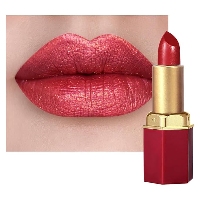 Red Metallic Lipstick for Women,Lightweight Shimmer Frosted Lipstick,Glitter Lip Gloss Stain Long Lasting Waterproof Smudge Proof 24 Hour Full Coverage Lip Makeup,Vegan