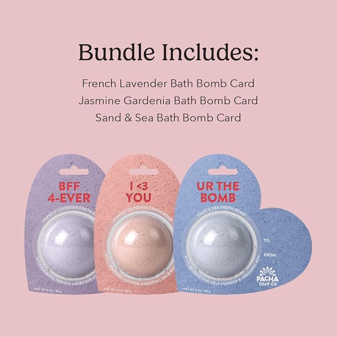 PACHA SOAP Co. Bath Bomb Cards, Variety 3 Pack - Scents of French Lavender, Sand & Sea, and Jasmine Gardenia Nourishing, Moisturizing, Naturally Derived & Handcrafted in The USA