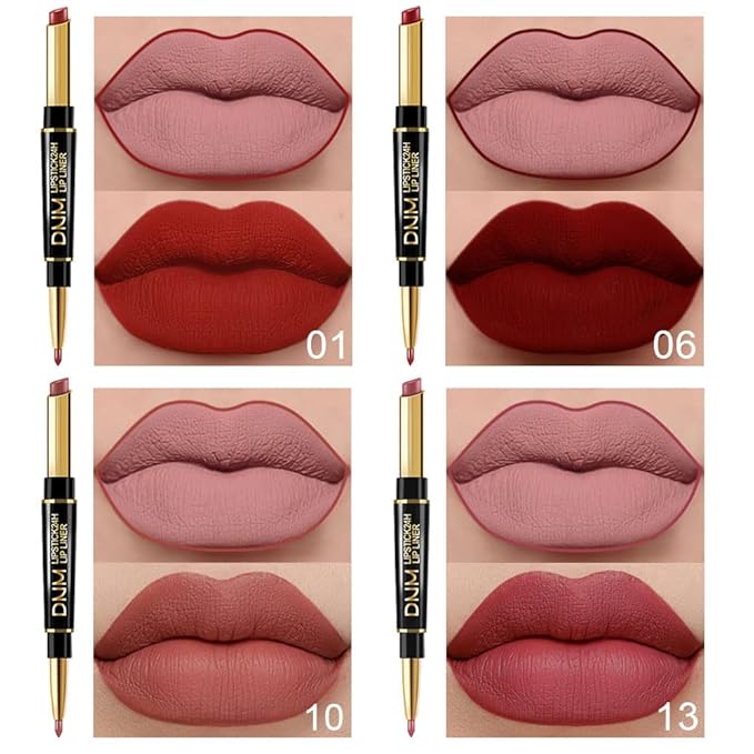 BINGBRUSH 6Pcs Double Ended Mauve Ruby Deep Red Matte Lip Liner and Lipstick Makeup Combo Set for Women, Light Brown Lipliner 24 Hours Original Waterproof Long Lasting Lip Stains Pencil Kit Set