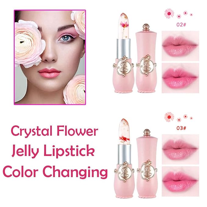 BINGBRUSH 2Pcs Color Changing Lipstick,Pink Crystal Flower Jelly PH Mood Long Lasting Labiales Lip Care Moisturizer Lip Balm Korean Magic Lip Gloss Makeup Lipstick Set for Women