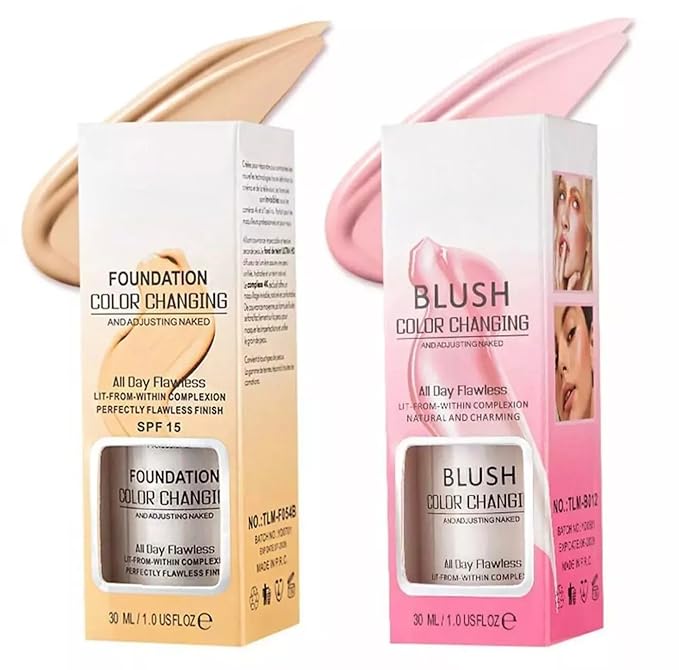 Color Changing Foundation Liquid Base and Color Changing Blush Set, BB Cream Makeup Base with SPF15, Concealer Cover Cream for All Skin Types