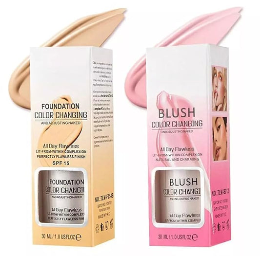 Color Changing Foundation Liquid Base and Color Changing Blush Set, BB Cream Makeup Base with SPF15, Concealer Cover Cream for All Skin Types