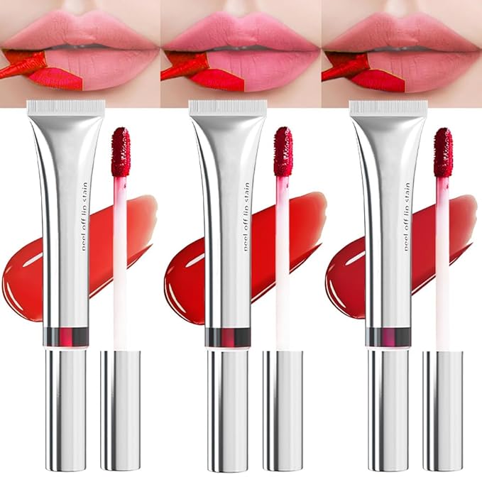 evpct Lip Tains Peel off, 3Pcs Peel off Lip Liner Tattoo Lip Stain Tint Gloss Makeup Set, Long Lasting Waterproof 24 Hours Matte Transfer-proof Color Stay Lipstick, Orange Red & Light Red & Nude Pink