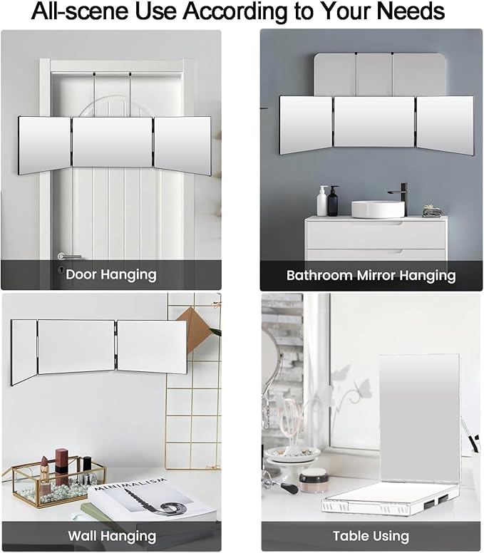 Vanexiss Rechargeable 3 Way Mirror for Hair Cutting, Real Glass Adjustable Trifold Mirror with 3 Color Temps LED Light & Telescoping Hooks for Makeup, Shaving & Styling(White)